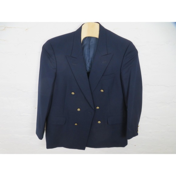 Vtg Burberrys Blazer Mens 46 Blue Double Breasted Super 100s Wool Gold Buttons